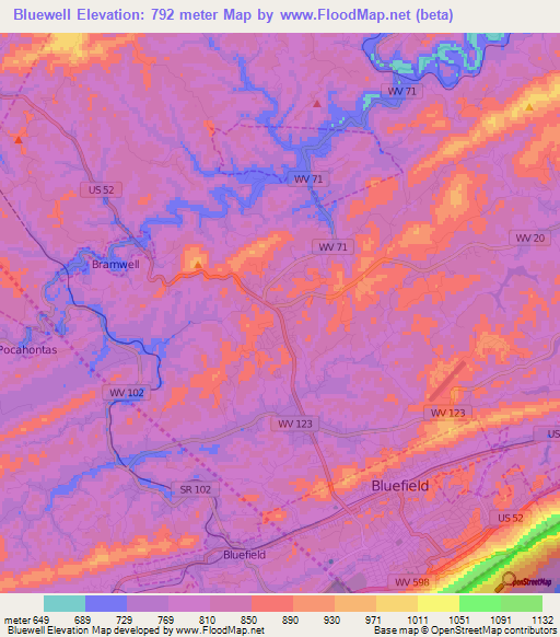 Bluewell,US Elevation Map