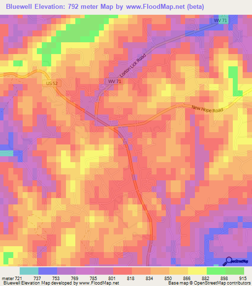 Bluewell,US Elevation Map