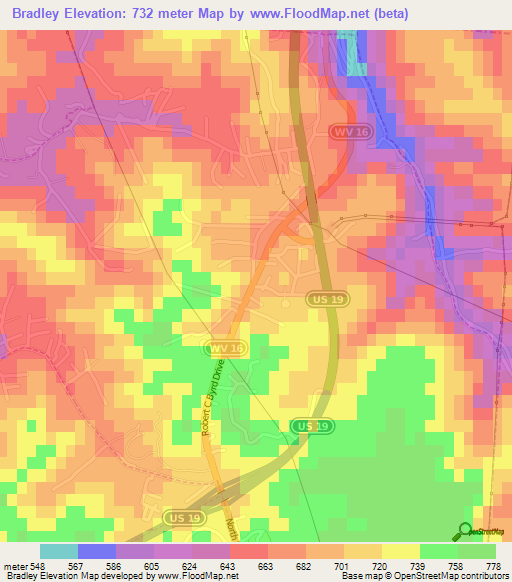 Bradley,US Elevation Map