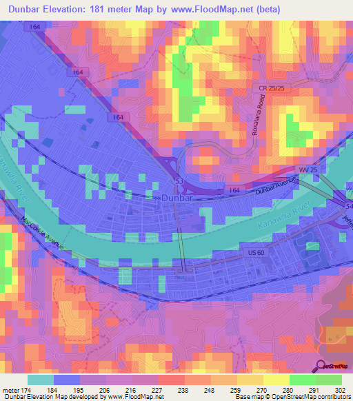 Dunbar,US Elevation Map