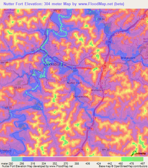 Nutter Fort,US Elevation Map