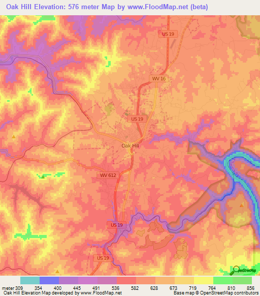 Oak Hill,US Elevation Map