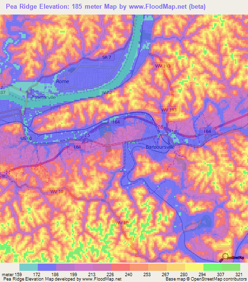 Pea Ridge,US Elevation Map