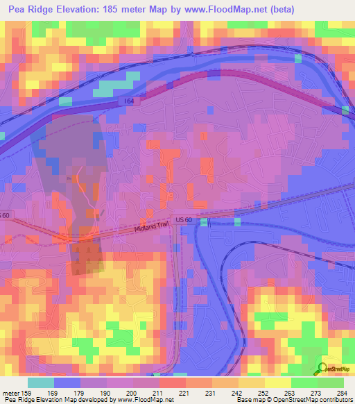 Pea Ridge,US Elevation Map