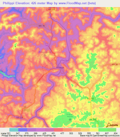 Philippi,US Elevation Map