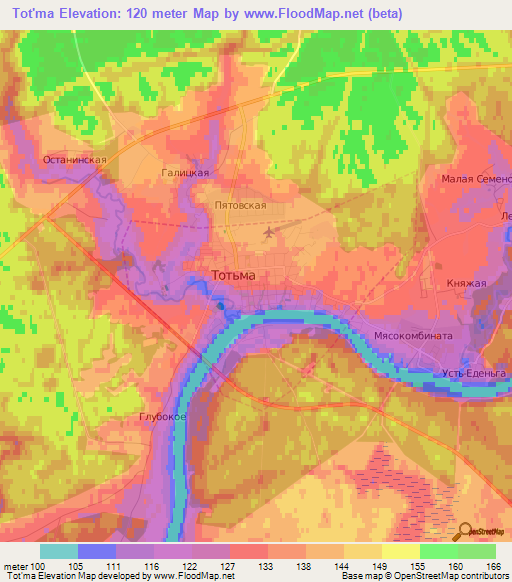 Tot'ma,Russia Elevation Map