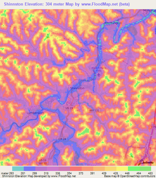 Shinnston,US Elevation Map