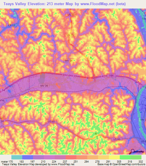 Teays Valley,US Elevation Map