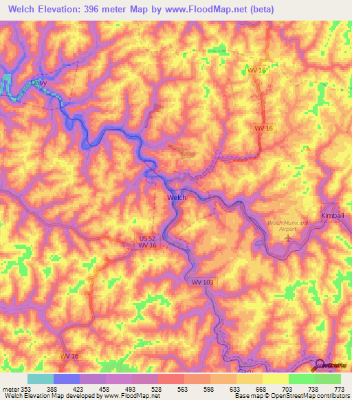 Welch,US Elevation Map