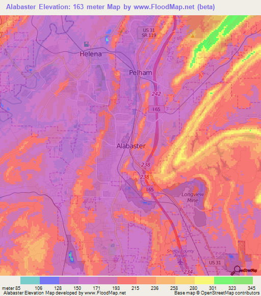 Alabaster,US Elevation Map