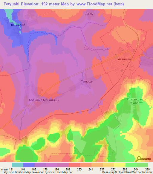 Tetyushi,Russia Elevation Map