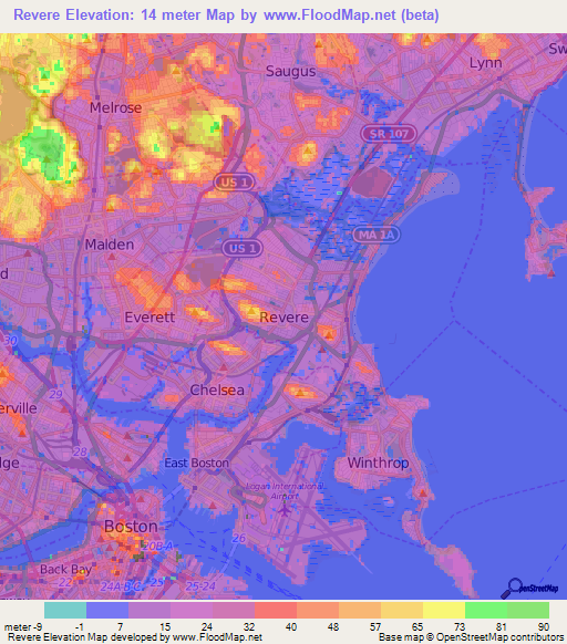 Elevation of Revere,US Elevation Map, Topography, Contour