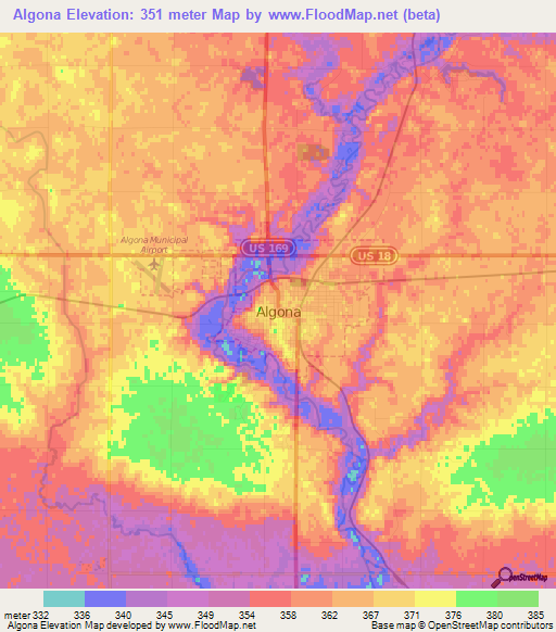 Algona,US Elevation Map