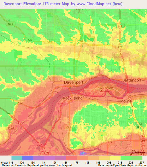 Davenport,US Elevation Map