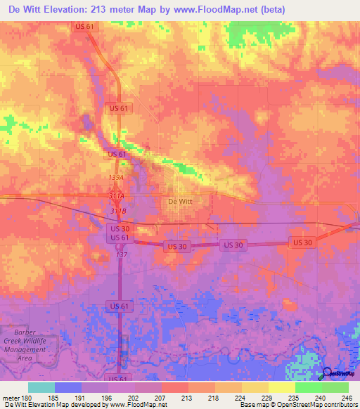 De Witt,US Elevation Map
