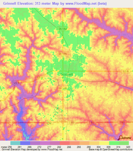 Grinnell,US Elevation Map