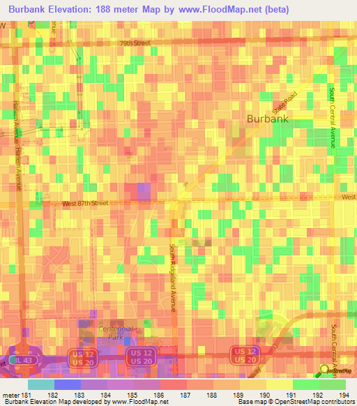 Burbank,US Elevation Map