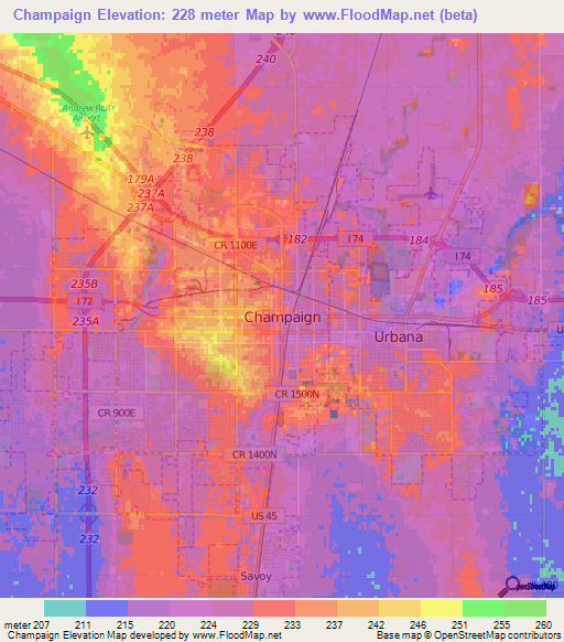 Champaign,US Elevation Map