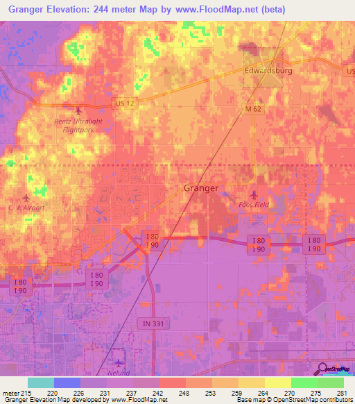 Granger,US Elevation Map