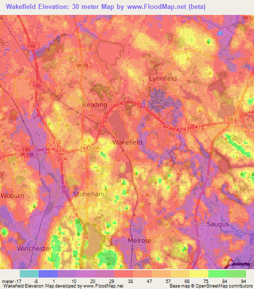 Wakefield,US Elevation Map