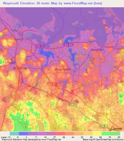 Elevation of Weymouth,US Elevation Map, Topography, Contour