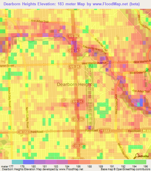 Dearborn Heights,US Elevation Map