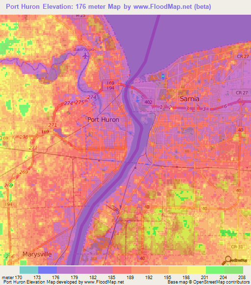 Elevation of Port Huron,US Elevation Map, Topography, Contour