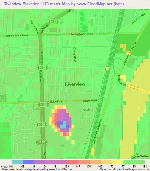 Riverview,US Elevation Map