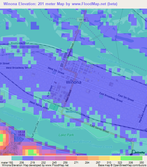 Winona,US Elevation Map