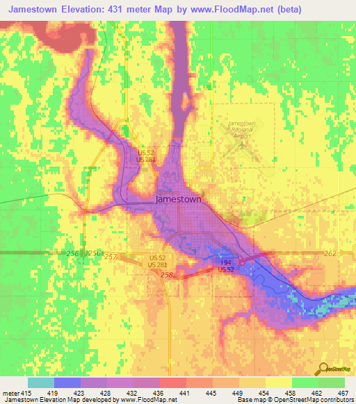 Jamestown,US Elevation Map