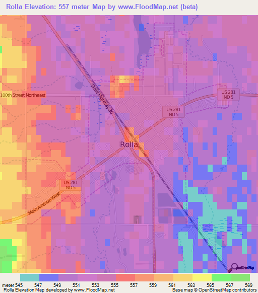 Rolla,US Elevation Map