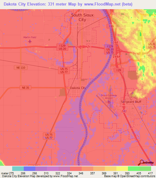 Dakota City,US Elevation Map