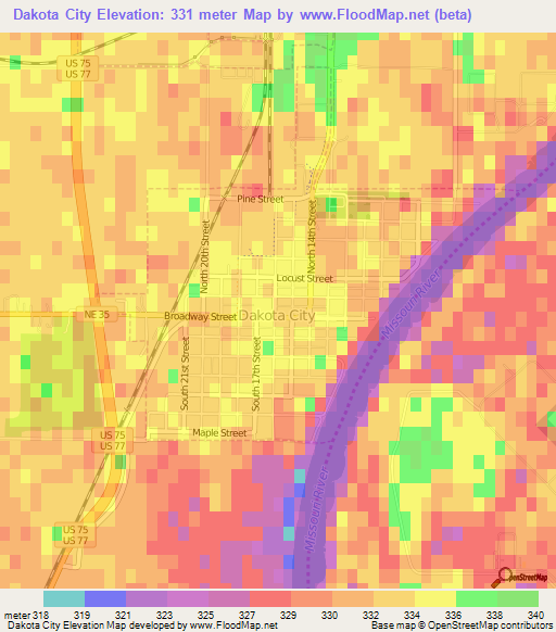 Dakota City,US Elevation Map