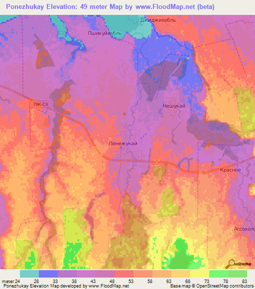 Ponezhukay,Russia Elevation Map