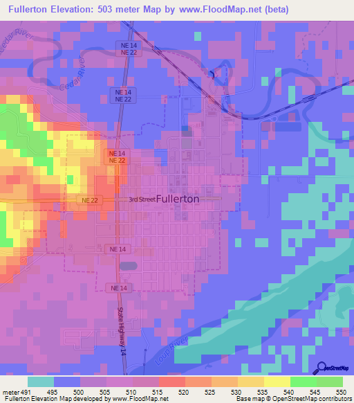 Fullerton,US Elevation Map