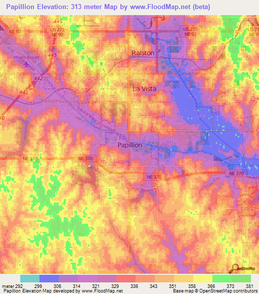 Papillion,US Elevation Map