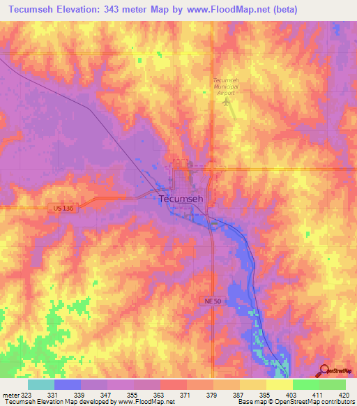 Tecumseh,US Elevation Map