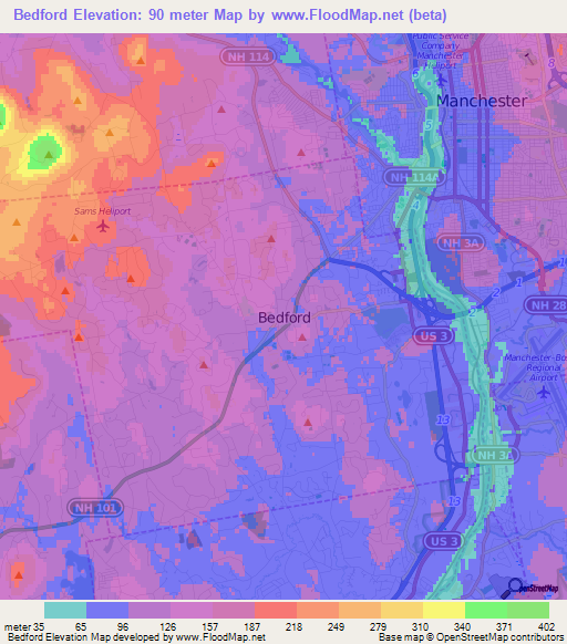 Bedford,US Elevation Map