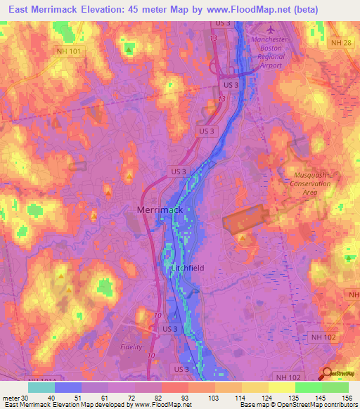 East Merrimack,US Elevation Map