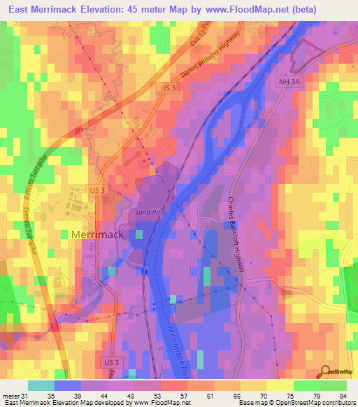 East Merrimack,US Elevation Map