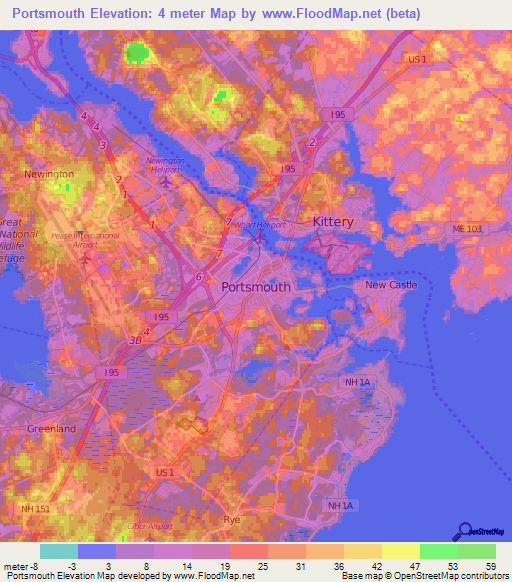 Elevation of Portsmouth,US Elevation Map, Topography, Contour