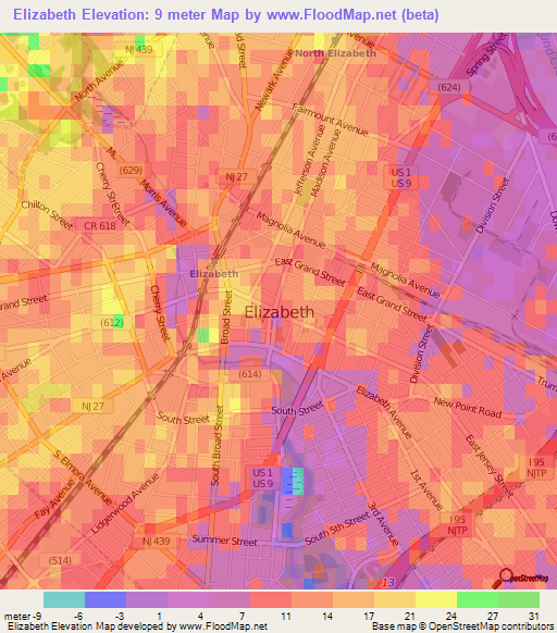 Elizabeth,US Elevation Map