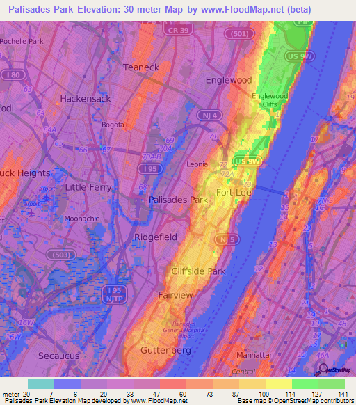 Palisades Park,US Elevation Map