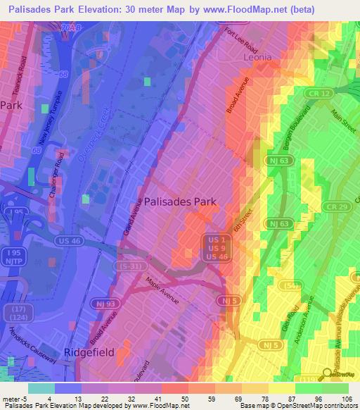 Palisades Park,US Elevation Map