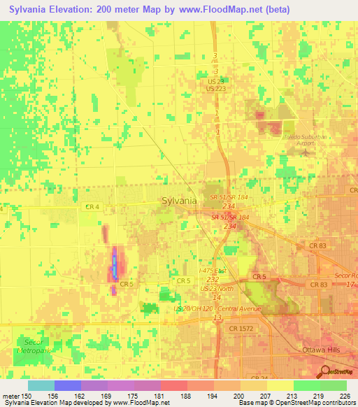 Sylvania,US Elevation Map