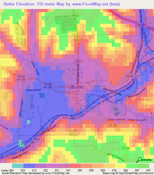 Butler,US Elevation Map