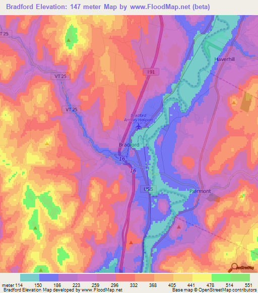 Bradford,US Elevation Map