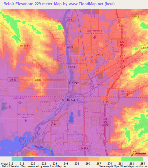 Elevation of Beloit,US Elevation Map, Topography, Contour