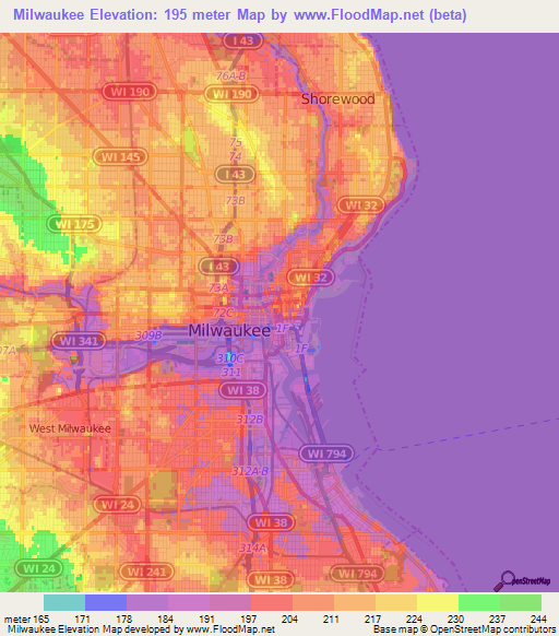 Elevation of Milwaukee,US Elevation Map, Topography, Contour