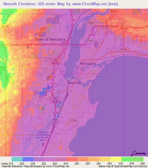 Elevation of Neenah,US Elevation Map, Topography, Contour